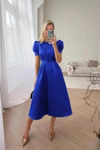 Blue Women's Fashion Short Sleeve Large Swing A-line Evening Party Long Dress