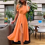Orange Women's Fashion Short Sleeve Large Swing A-line Evening Party Long Dress