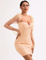 Beige Mesh Long Bubble Sleeves Sexy Bodycon Temperament Party Mini Dresses