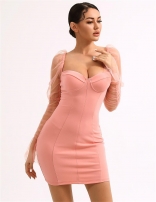 LightPink Mesh Long Bubble Sleeves Sexy Bodycon Temperament Party Mini Dresses