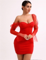 Red Mesh Long Bubble Sleeves Sexy Bodycon Temperament Party Mini Dresses