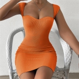 Orange Low-Cut V-Neck Bodycon Women's Sexy Party Mini Dress