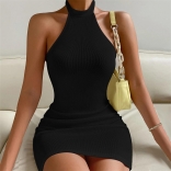 Black Sexy Backless Hanging Neck Sleeveless Party Bodycon Mini Dress
