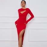 Red Women's Bodycon Pary Sexy Split Long Sleeve Dress