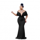 Black Women's Solid Off Shoulder Deep V Neck Bodycon Evening Long Fishtail Dress