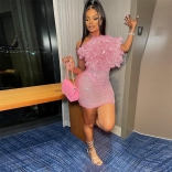 Pink Mesh Feather Off Shoulder Sexy Party Diamond Women Mini Dress