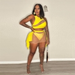 Yellow Sleeveless Mesh Sexy Party 3PCS Sheer Women Clubwear