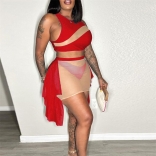 Red Sleeveless Mesh Sexy Party 3PCS Sheer Women Clubwear