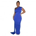 Blue Solid Backless Pleated Irregular Long Dress Women