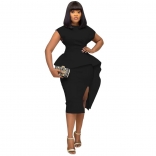 Black O-Neck Ruffle Fashion Women Office Bodycon OL Dress