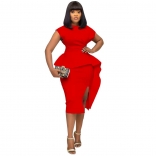 Red O-Neck Ruffle Fashion Women Office Bodycon OL Dress