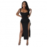 Black Low-Cut Straps Women Bodycon Split Party Sexy Maxi Dress