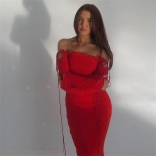 Red Off-Shoulder Lace Up Sexy Prom Women Long Dress