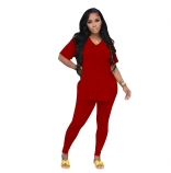 Red Women's Casual Party Pants Sports Short Sleeve Sexy Jumpsuit Dress