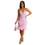 Pink Straps Mesh Deep V-Neck Rhinestone Feather Sexy Bodycon Women Dress