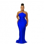 Blue Fashion Women's Solid Sleeveless Shoulder Strap Backless Long Dress