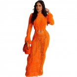 Orange Women's Handmade Tassel Knitted Casual Hollow Out Sequin Long Dress