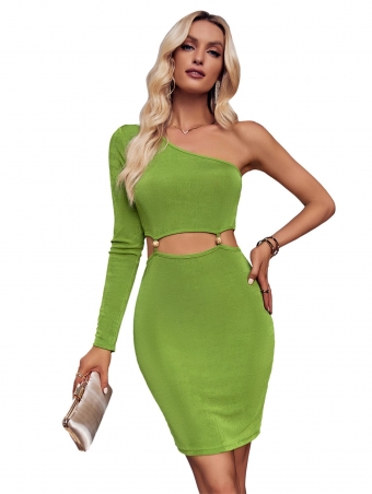 Green Women's Casual One Shoulder Hight Waist Hollow Out Bodycon Dress