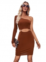 Coffee Women's Casual One Shoulder Hight Waist Hollow Out Bodycon Dress