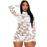 White Lace Long Sleeve Mesh Sexy Women Party Romper Playsuits
