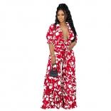 Red Sexy Printed Ruffle Strap High Waist V-Neck Bodycon Plus Size Jumpsuit