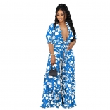 Blue Sexy Printed Ruffle Strap High Waist V-Neck Bodycon Plus Size Jumpsuit