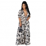 White Sexy Printed Ruffle Strap High Waist V-Neck Bodycon Plus Size Jumpsuit