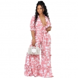 Pink Sexy Printed Ruffle Strap High Waist V-Neck Bodycon Plus Size Jumpsuit