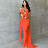 Orange Women's Halter Backless Deep V-Neck Sleeveless Evening Formal Long Dress