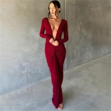 WineRed Women's Fashion Sexy Party V-Neck Slim Fit Pleated Maxi Dress