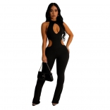 Black Fashion Women's Solid Sexy Hanging Neck Hollow Out Long Pants Jumpsuit