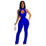 Blue Fashion Women's Solid Sexy Hanging Neck Hollow Out Long Pants Jumpsuit
