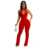 Red Fashion Women's Solid Sexy Hanging Neck Hollow Out Long Pants Jumpsuit