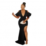 Black Fashion Women's Solid Hollow Out V-Neck Pleated Bodycon High Split Long Dress