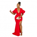 Red Fashion Women's Solid Hollow Out V-Neck Pleated Bodycon High Split Long Dress