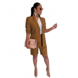Brown Long Sleeve Fashion Two Piece Women Working Office OL Dress