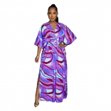 Purple Fashion V-Neck Retro Printed Split Long Dress Women's Dress