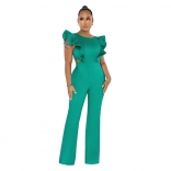 Green Women's New Fashion Ruffled Round Neck Solid Bodycon Party Sexy Jumpsuit