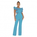 Blue Women's New Fashion Ruffled Round Neck Solid Bodycon Party Sexy Jumpsuit