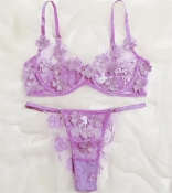 Purple Women's Sexy Perspective Erotic Lingerie Embroidery Underwire Bra Sets