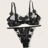 Black Women's Sexy Perspective Erotic Lingerie Embroidery Underwire Bra Sets