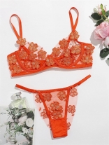 Orange Women's Sexy Perspective Erotic Lingerie Embroidery Underwire Bra Sets