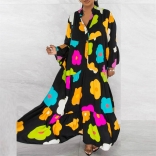 Black Women's Printed Pullover Spliced Colorful Long Sleeve Large Hem Dress
