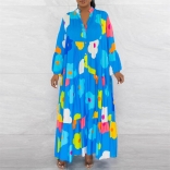 Blue Women's Printed Pullover Spliced Colorful Long Sleeve Large Hem Dress