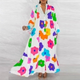White Women's Printed Pullover Spliced Colorful Long Sleeve Large Hem Dress
