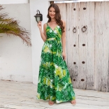 Green Women's New Bohemian Long Skirt Printed Sexy Strap Maxi Dress