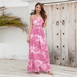 Pink Women's New Bohemian Long Skirt Printed Sexy Strap Maxi Dress