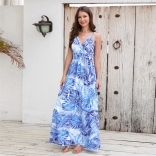 Blue Women's New Bohemian Long Skirt Printed Sexy Strap Maxi Dress