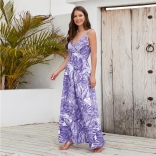 Purple Women's New Bohemian Long Skirt Printed Sexy Strap Maxi Dress