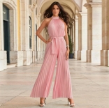 Pink Women's Fashion Hanging Neck Sleeveless Pleated Prom Jumpsuit Dresses